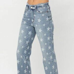 VTG John Baner Star Print Flare High Rise Jeans Size 32 Blue